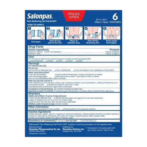 Salonpas, Pain Relieving Gel-Patch Hot, 6 each