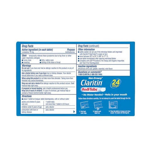 Claritin, Loratadine Antihistamine 24 Hour Allergy Reditabs, 10 Mg, 10 tabs