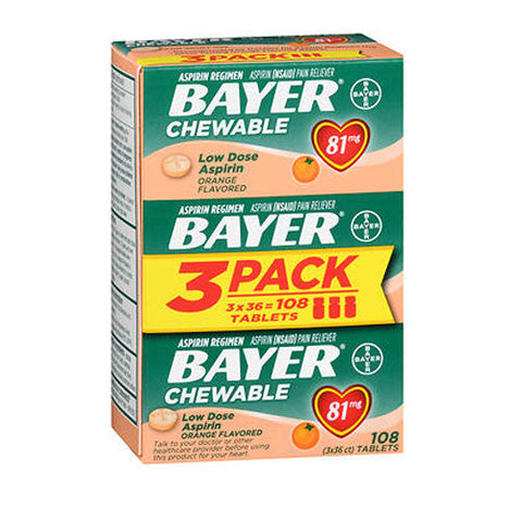 Bayer, Low Dose Aspirin Regimen Pain Reliever Chewable Tablets Orange, 81 Mg, 108 Count Bayer