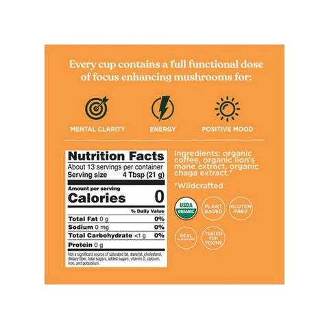 Four Sigma Foods Inc, Organic Coffee With Lion'S Mane And Chaga Mushrooms Ground Dark Roast, 12 Oz Four Sigma Foods Inc
