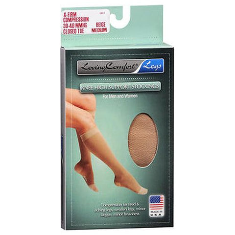 Loving Comfort, Knee High Support Stockings X-Firm Compression Closed Toe Medium Beige, 1 Pair Loving Comfort