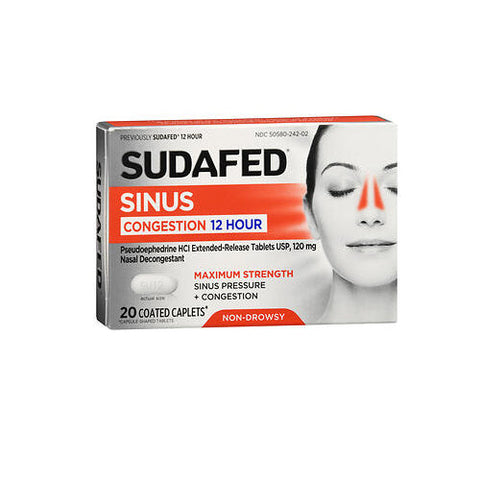 Sudafed Pe, Sinus Congestion Pseudoephedrine Hcl Coated Caplets Maximum Strength 12 Hour, 20 Tabs Sudafed Pe
