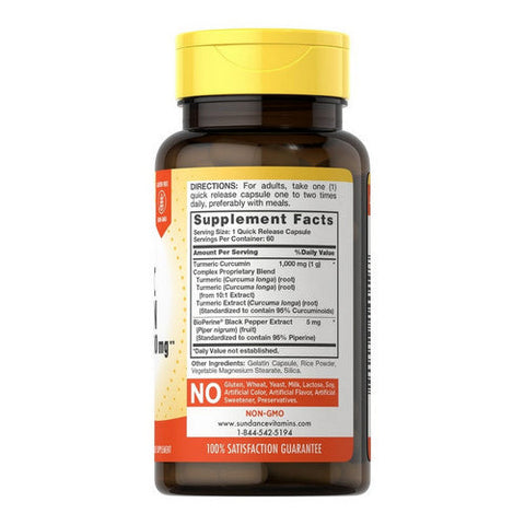 Sundance, Turmeric Curcumin Complex With Bioperine Black Pepper Extract Quick Release Capsules, 1000 mg, 60 Tabs Sundance