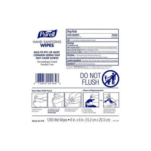 Purell, Sanitizing Skin Wipe Purell  Refill Pouch BZK (Benzalkonium Chloride) Alcohol Scent 1,200 Count, Count of 2 Purell