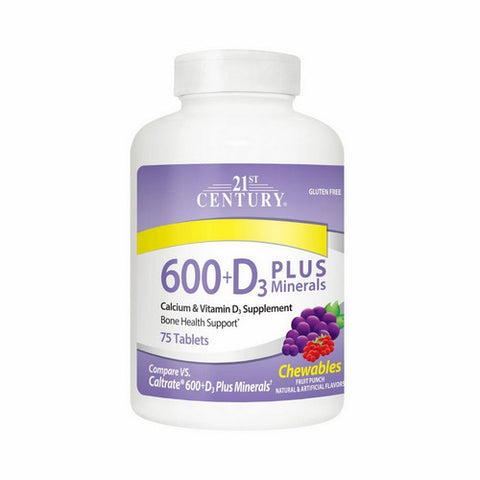 21st Century, Calcium 600 Plus D3 + Minerals Fruit Punch, 75 Chewable Tabs 21st Century