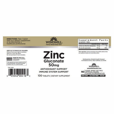 Windmill Health, Zinc Gluconate, 50 Mg, 100 Tabs Windmill Health