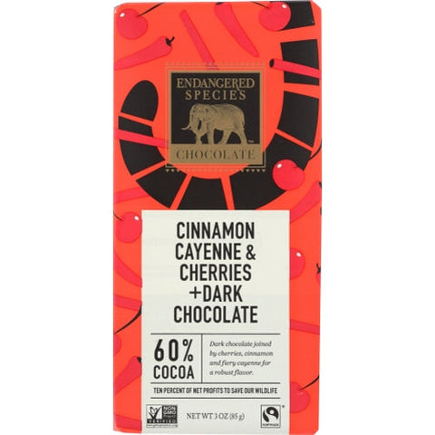 Endangered Species, Cinnamon Cayenne Cherry Dark Chocolate, 3 Oz(Case Of 12) Endangered Species