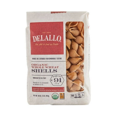 Delallo, Organic Whole Wheat Shells Artisanal No 91 Cut, Case of 8 X 16 Oz Delallo