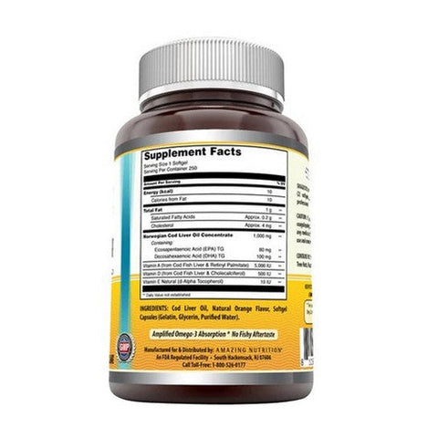 Amazing Nutrition, Amazing Omega Norwegian Cod Liver Oil Orange, 1000 mg, 250 Softgels Amazing Nutrition