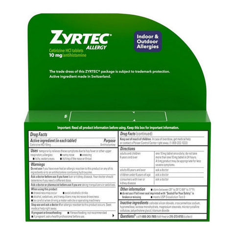 Zyrtec, Allergy Cetirizine Hci 24 Hour, 10 Mg, 60 Tabs Zyrtec