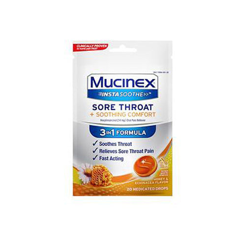 Mucinex, Instasoothe Sore Throat Plus Soothing Comfort Medicated Drops Honey & Echinacea, 20 Drops Mucinex