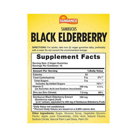 Sundance, Sambucus Black Elderberry Vegan Gummies Natural Berry, 36 Count Sundance