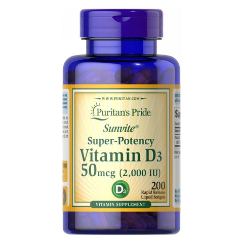 Puritan's Pride, Vitamin D3 50 mcg (2000 IU), 200 Softgels Puritan's Pride