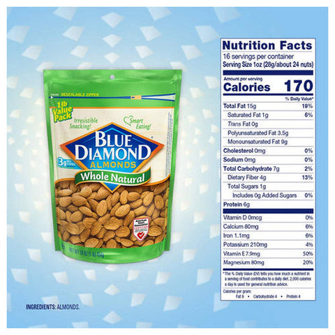 Blue Diamond, Whole Natural Almonds, 16 Oz(Case Of 6) Blue Diamond