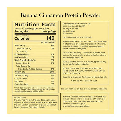 Truvani, Organic Plant Protein Powder Banana Cinnamon, 22.19 Oz Truvani
