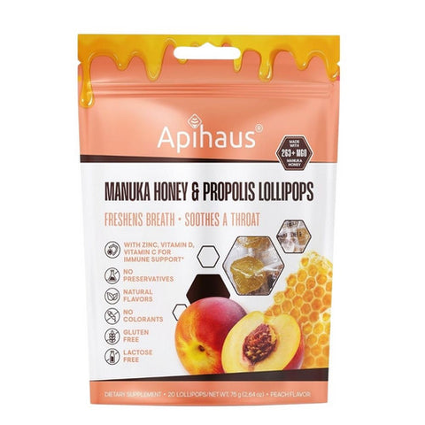 Apihaus, Manuka Honey & Propolis Lollipops Peach, 20 Lozenges Apihaus