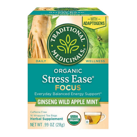 Traditional Medicinals, Organic Stress Ease Focus With Adaptogens Ginseng Wild Apple Mint, 16 Bags Traditional Medicinals