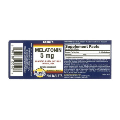 Basic Vitamins, Melatonin Tablets, 5 Mg, 200 Count Basic Vitamins