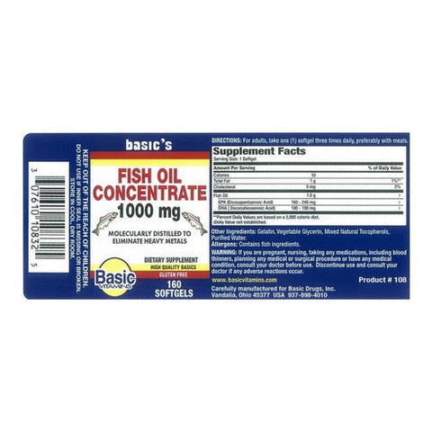Basic Vitamins, Fish Oil, 1000 Mg, 160 Softgels Basic Vitamins