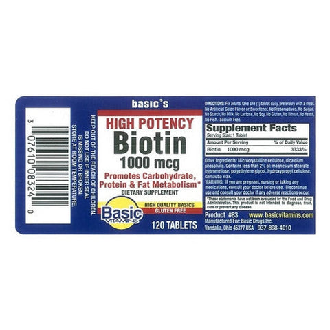 Basic Vitamins, Biotin, 1000 Mcg, 120 Tablets Basic Vitamins