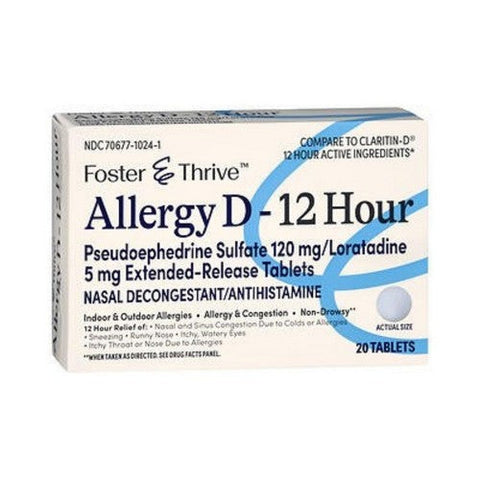 Foster And Thrive, Allergy D-12 Hour Pseudoephedrine Sulfate Loratadine Extended Release, 20 Tablets Foster And Thrive