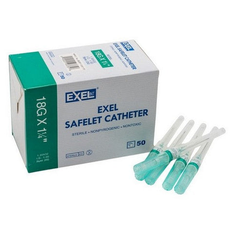 Exel, Disposable Safelet IV Catheters 18G X 1.25, 50 Count Exel