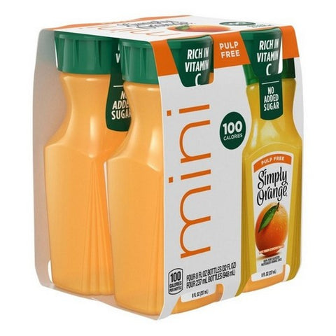 Simply Beverages, Orange Juice Pulp Free Mini Bottles, 8 Oz X 4 Count (Case Of 6) Simply Beverages