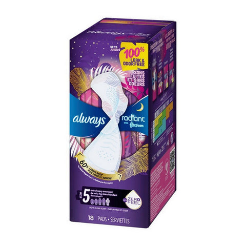 Radiant Flexfoam Pads for Women Size 5 Extra Heavy Overnight Absorbency With Wings Scented 18 Count (Case Of 3) by Always Discreet