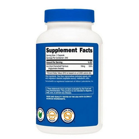 Nutricost, Ferrochel Iron Capsules, 18 Mg, 240 Count Nutricost