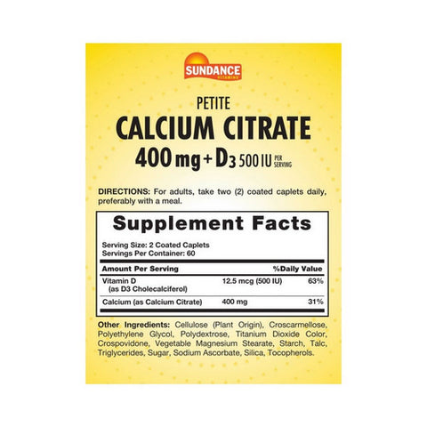 Sundance, Calcium Citrate Plus D3 Coated Caplets Petite, 400 Mg, 120 Caps Sundance