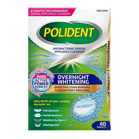 Polident, Overnight Whitening Antibacterial Dental Appliance Cleanser Tablets, 60 Tabs Polident