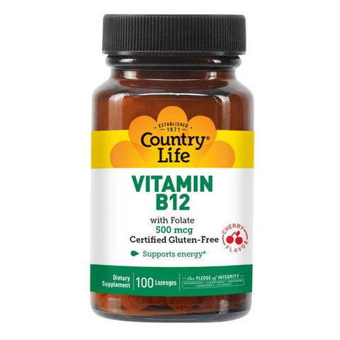 Country Life, Vitamin B-12 with Folic Acid Sublingual, 500 MCG, 100 Lozenges Country Life