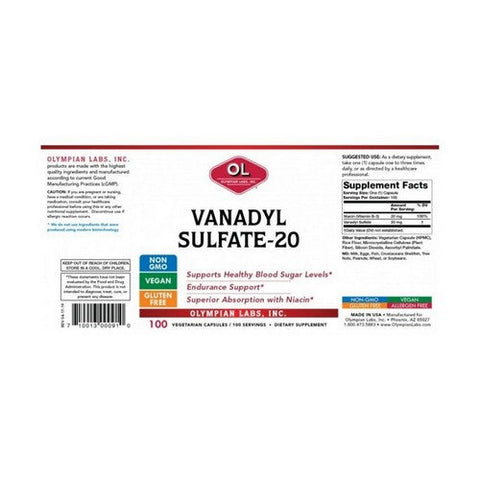 Olympian Labs, Vanadyl Sulfate With Niacin, 20 Mg, 100 Veg Caps Olympian Labs