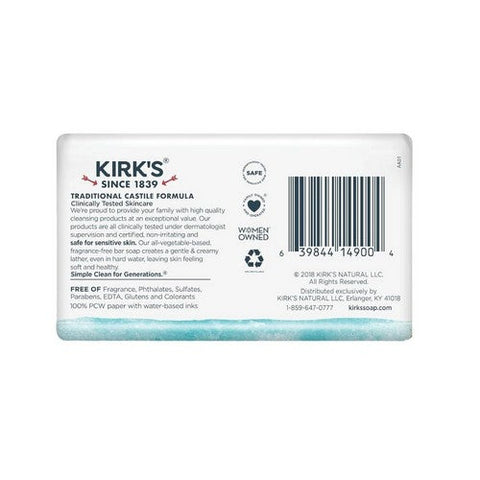 Kirk's Natural Products, Premium Coconut Oil Castile Bar Soap Fragrance Free, 4 Oz Kirk's Natural Products