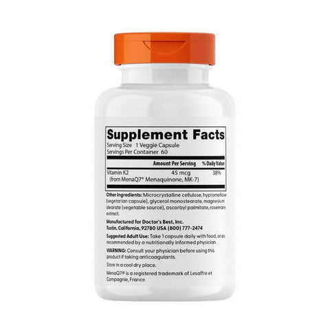 Doctors Best, Natural Vitamin K2 Featuring MenaQ7, 45 Mcg, 60 Veggie Caps Doctors Best
