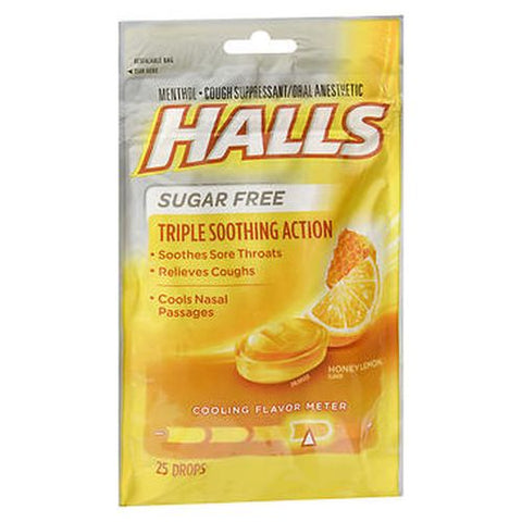 Halls, Cough And Throat Relief Menthol Drops Sugar Free Honey Lemon, 25 Lozenges Halls